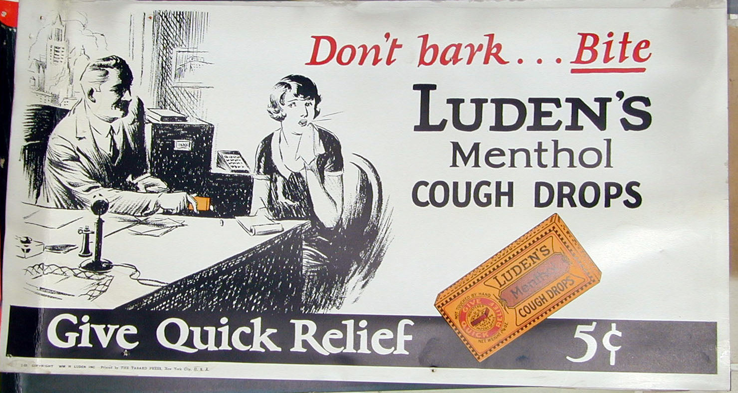 Luden's Menthol Cough Drops (don't bark ...bite) 1925 original Trolley Card