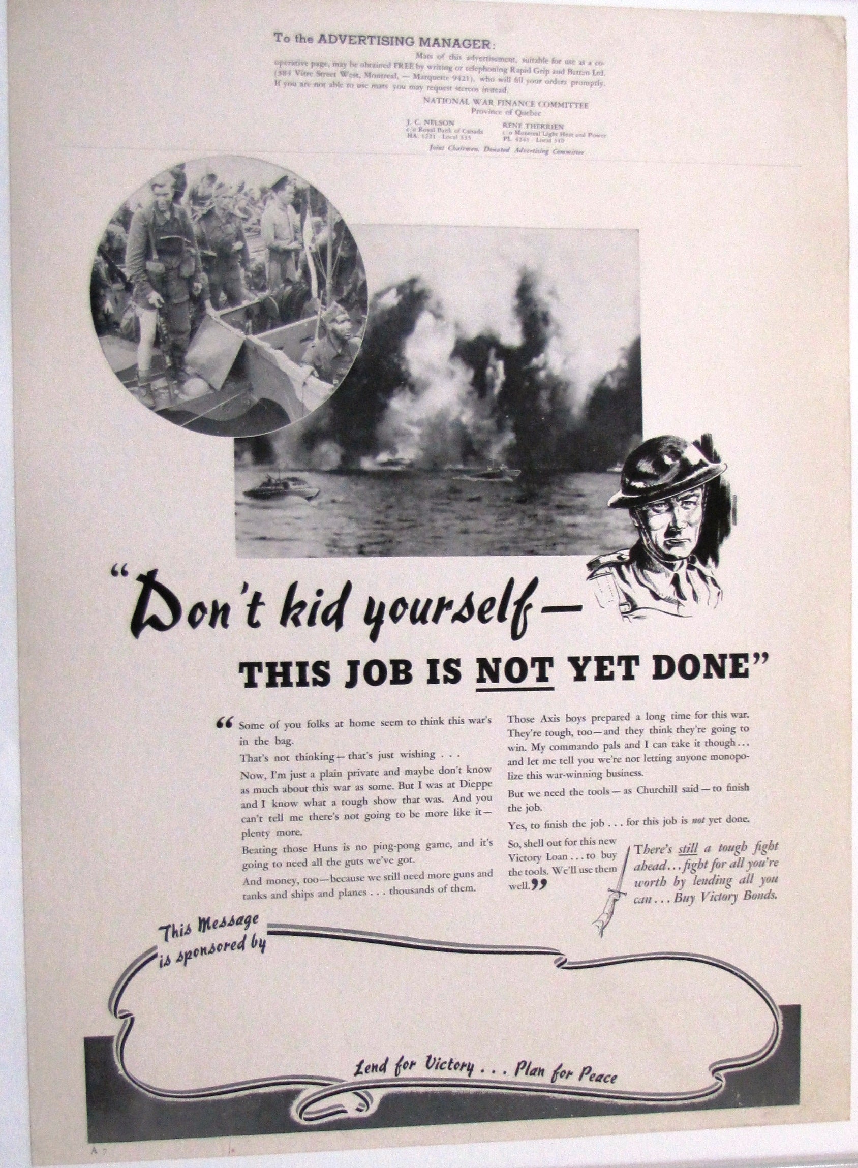 Original WWII Victory Bonds Canada poster - THIS JOB IS NOT YET DONE