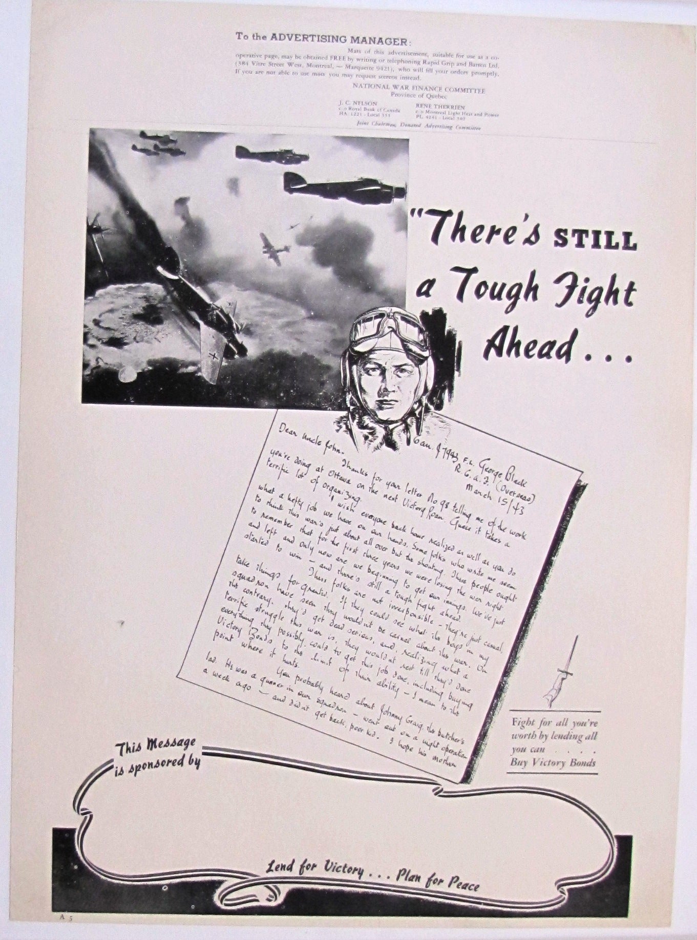 Original WWII Victory Bonds Canada poster - STILL A TOUGH FIGHT AHEAD on linen