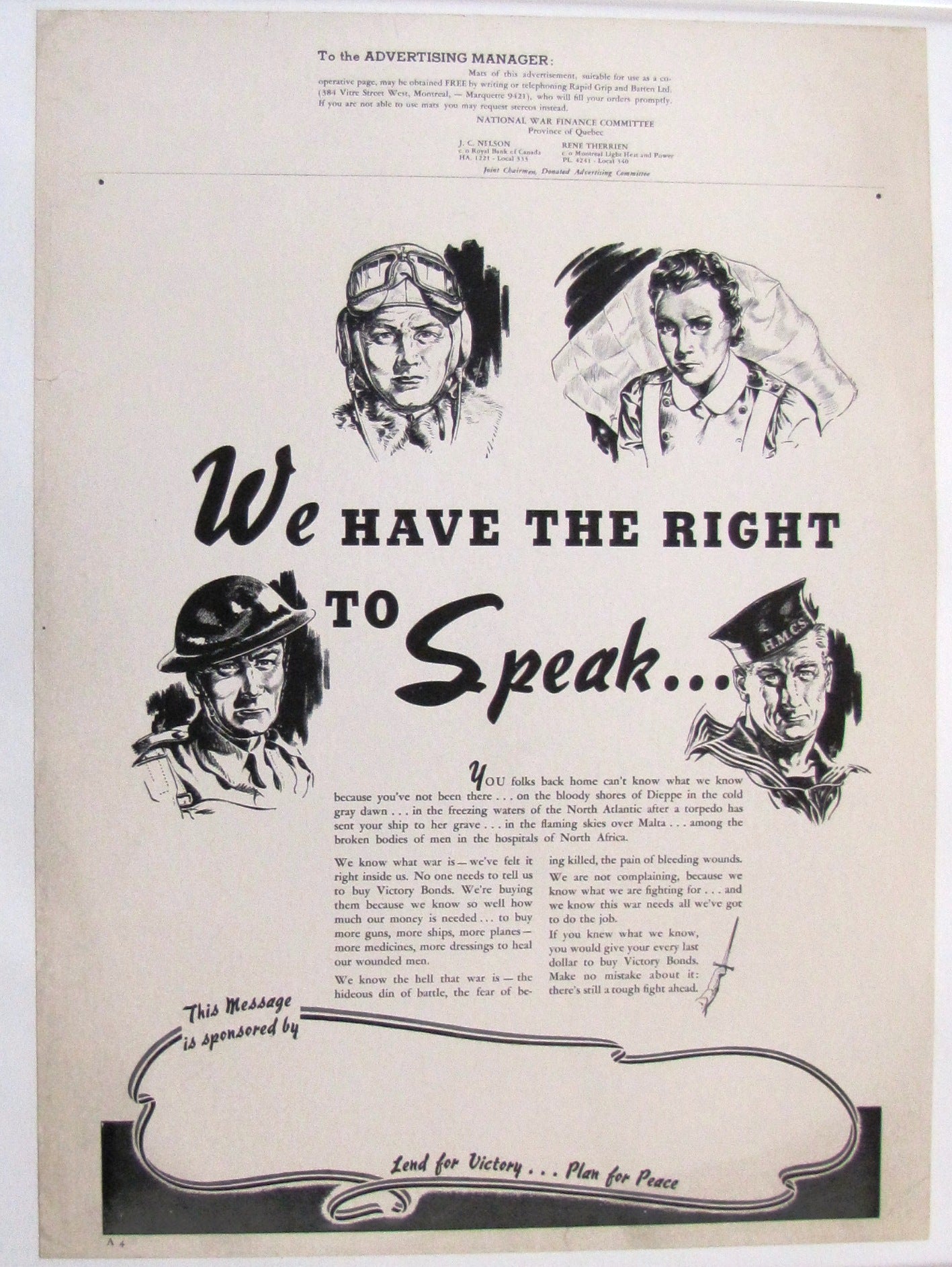 Original WWII Victory Bonds Canada poster - WE HAVE THE RIGHT TO SPEAK