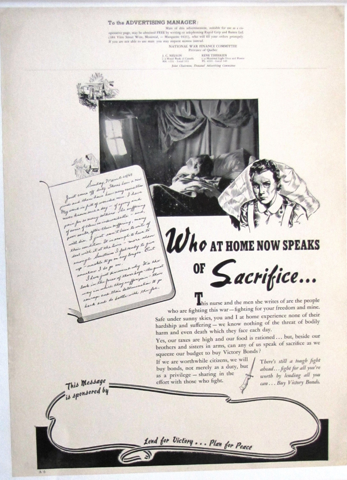 Original WWII Victory Bonds Canada poster Who At Home Now Speaks of Sacrifice
