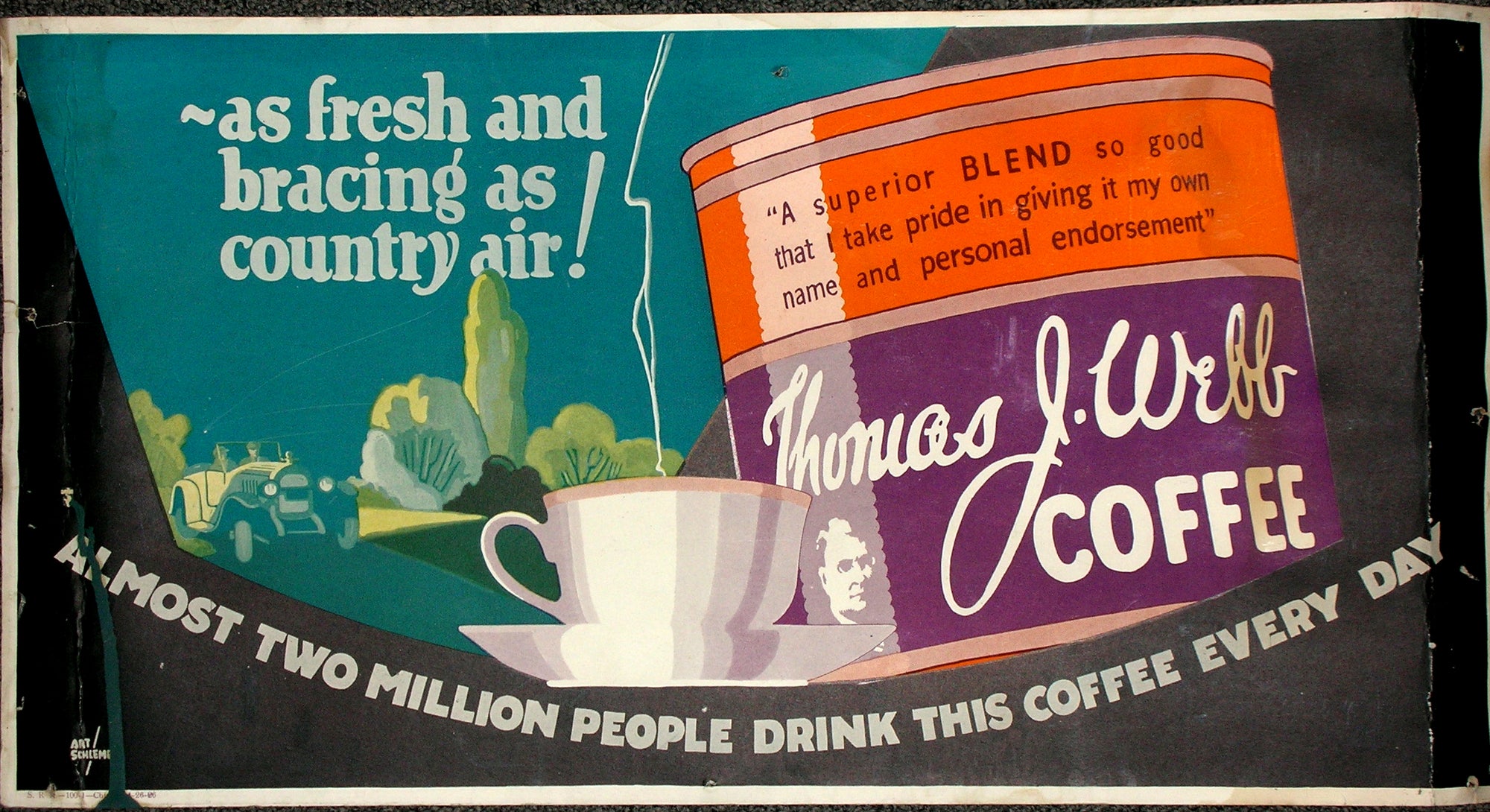 THOMAS J. WEBB COFFEE ... AS FRESH AS AIR - c1925 original Trolley Card poster