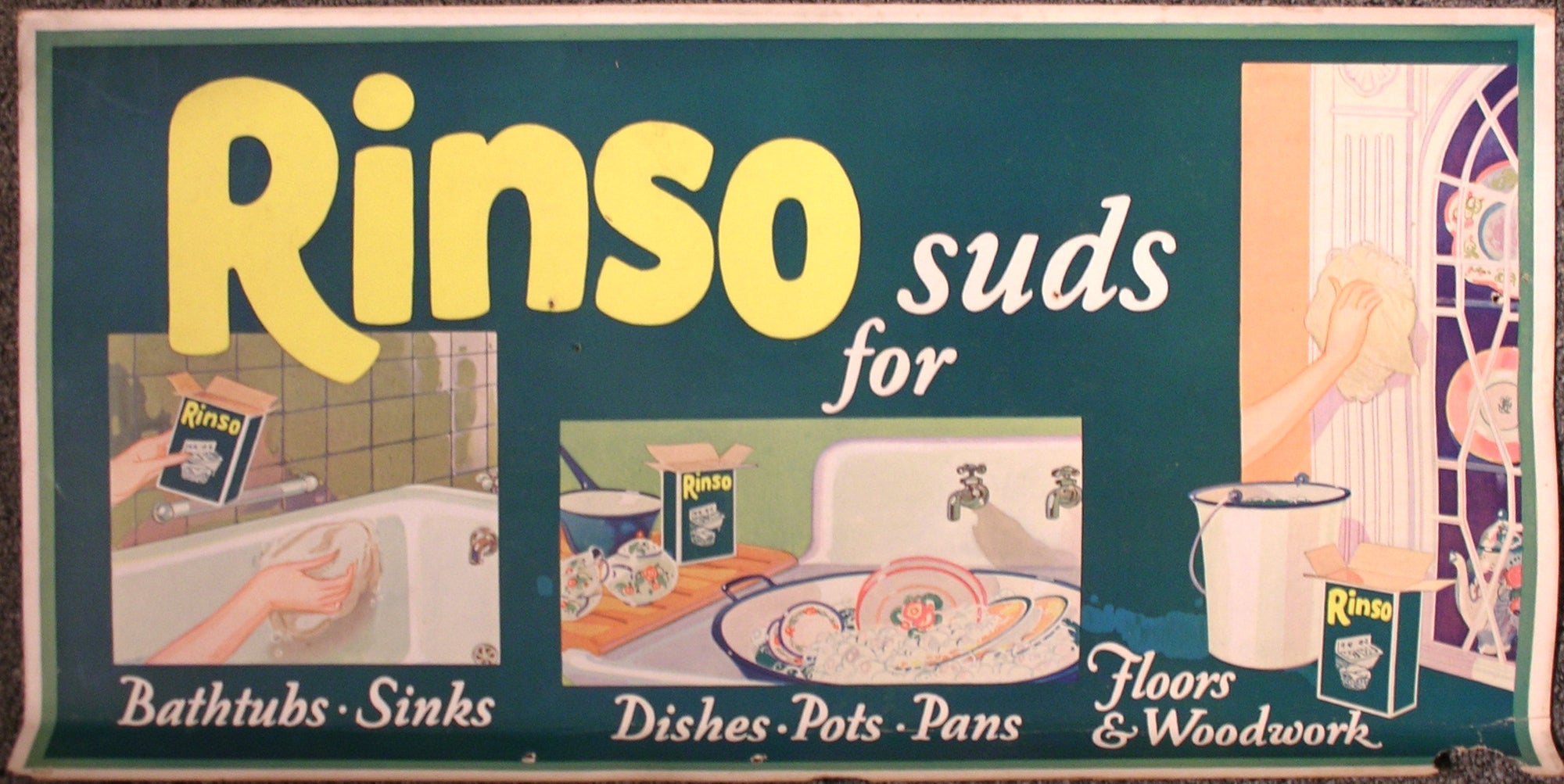 RINSO SUDS FOR BATHTUBS, DISHES ....c1925 original Trolley Card poster