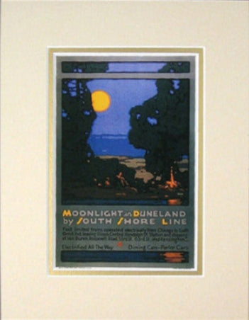 A matted poster  print depicting a night scene with a moon and trees, titled 'Moonlight In Duneland' by Leslie Ragan.